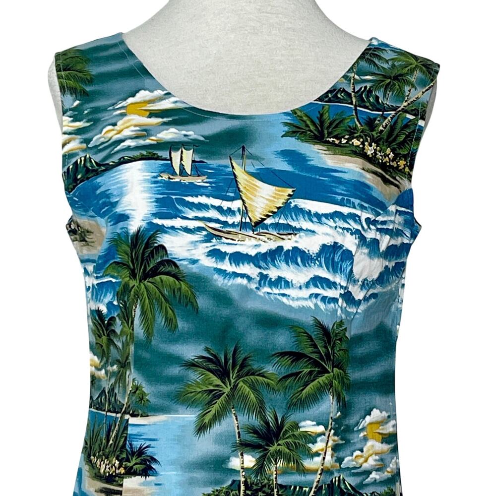 Vintage Hawaii Dress SZ L Blue Green Boat Palm Design - Picture 3 of 7